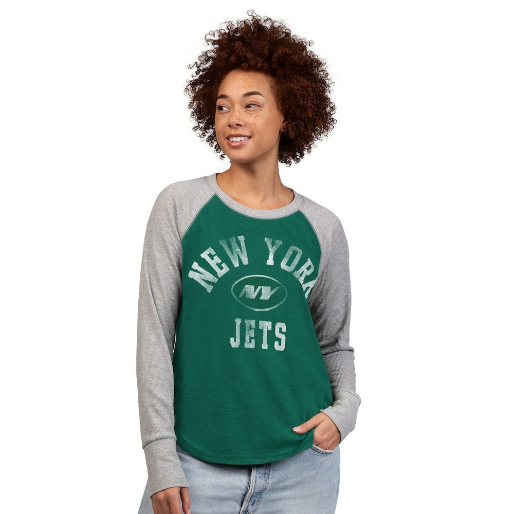 New York Jets G-III 4Her by Carl Banks Women's Waffle Knit Raglan Long Sleeve T-Shirt - Green/Heather Gray cheap
