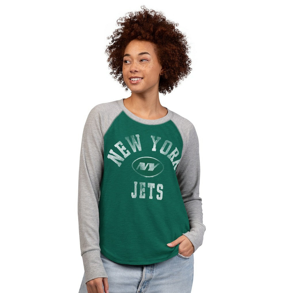 New York Jets G-III 4Her by Carl Banks Women's Waffle Knit Raglan Long Sleeve T-Shirt - Green/Heather Gray cheap