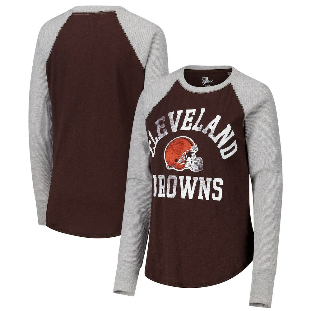 Cleveland Browns G-III 4Her by Carl Banks Women's Waffle Knit Raglan Long Sleeve T-Shirt - Brown/Heather Gray for sale