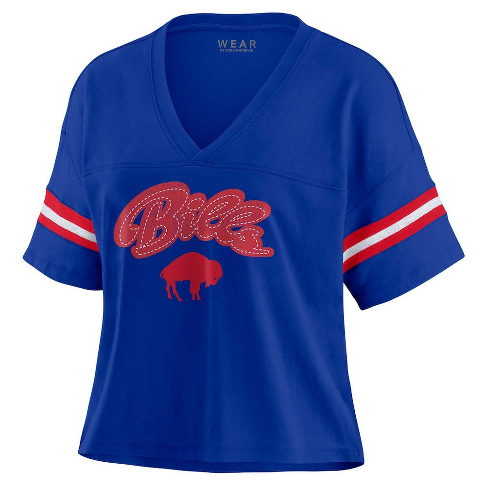 Buffalo Bills WEAR by Erin Andrews Women's Plus Size Color Block Boxy V-Neck T-Shirt - Royal discount