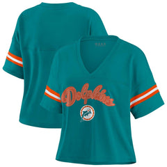 Miami Dolphins WEAR by Erin Andrews Women's Plus Size Color Block Boxy V-Neck T-Shirt - Aqua outlet