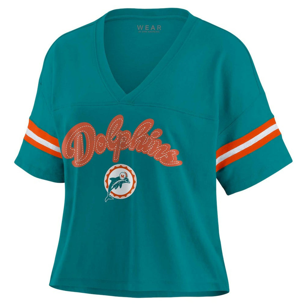 Miami Dolphins WEAR by Erin Andrews Women's Plus Size Color Block Boxy V-Neck T-Shirt - Aqua outlet