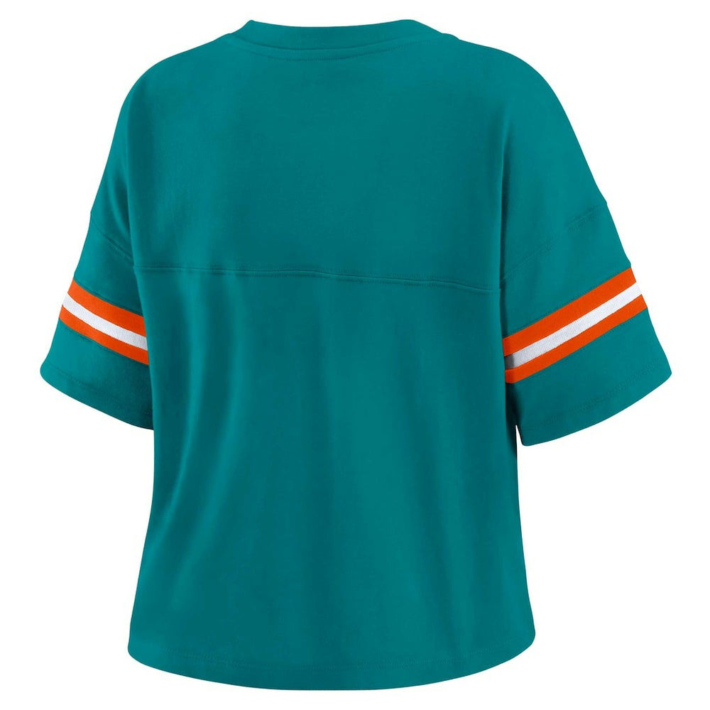 Miami Dolphins WEAR by Erin Andrews Women's Plus Size Color Block Boxy V-Neck T-Shirt - Aqua outlet