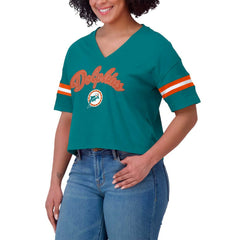 Miami Dolphins WEAR by Erin Andrews Women's Plus Size Color Block Boxy V-Neck T-Shirt - Aqua outlet