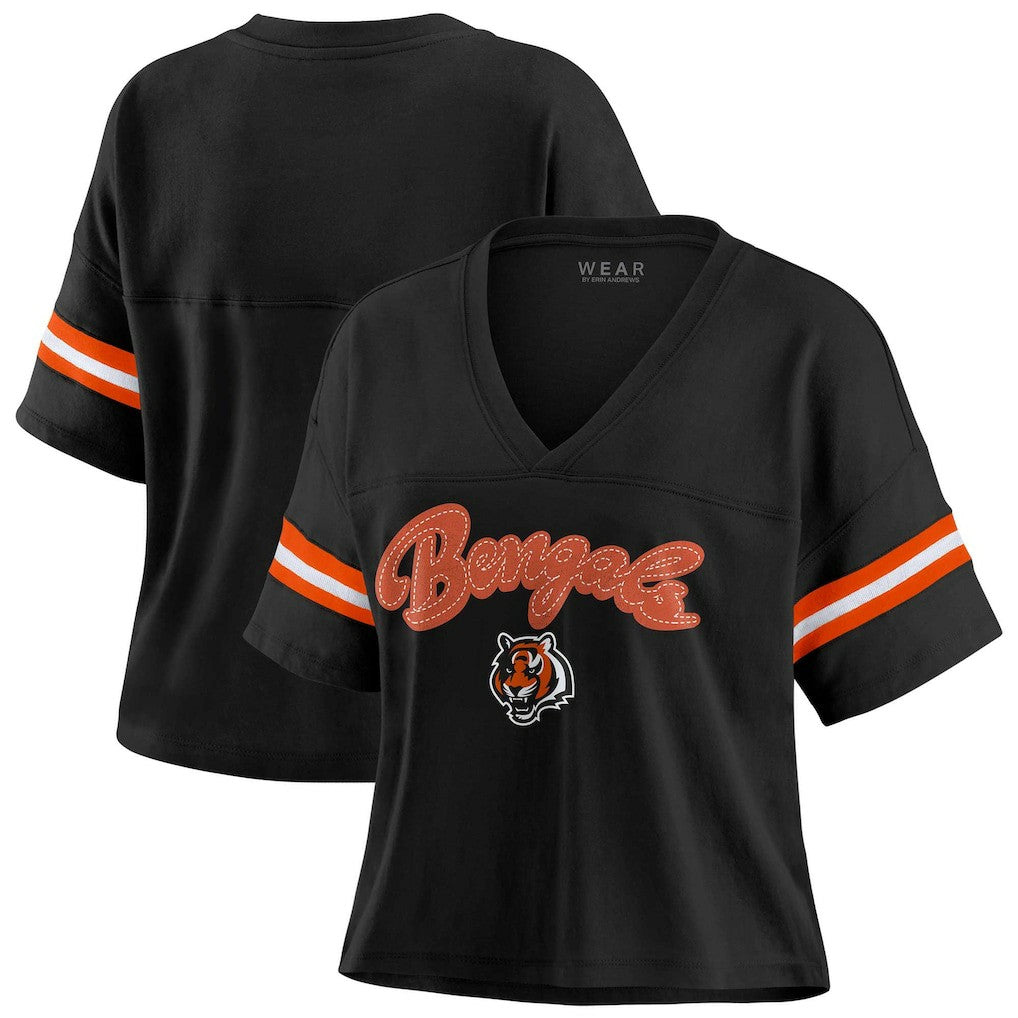 Cincinnati Bengals WEAR by Erin Andrews Women's Plus Size Color Block Boxy V-Neck T-Shirt - Black for sale