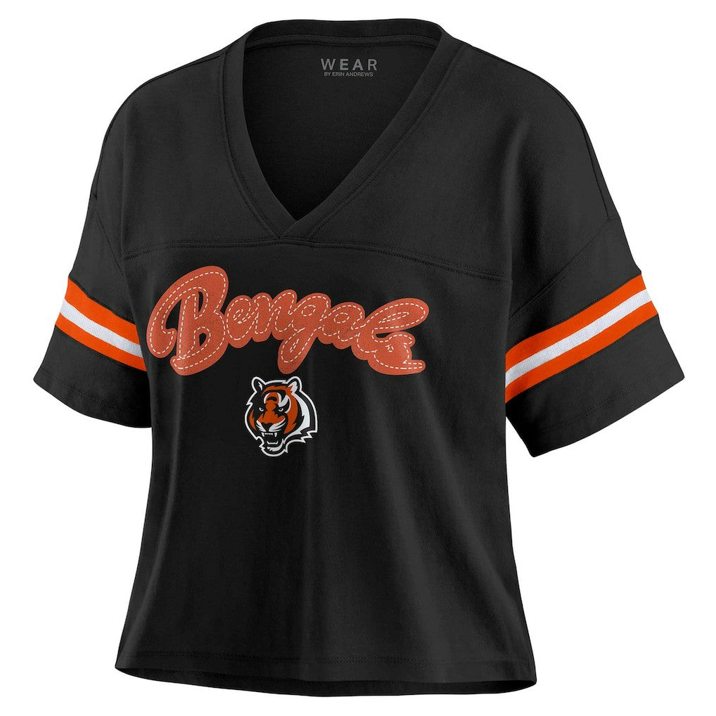 Cincinnati Bengals WEAR by Erin Andrews Women's Plus Size Color Block Boxy V-Neck T-Shirt - Black for sale