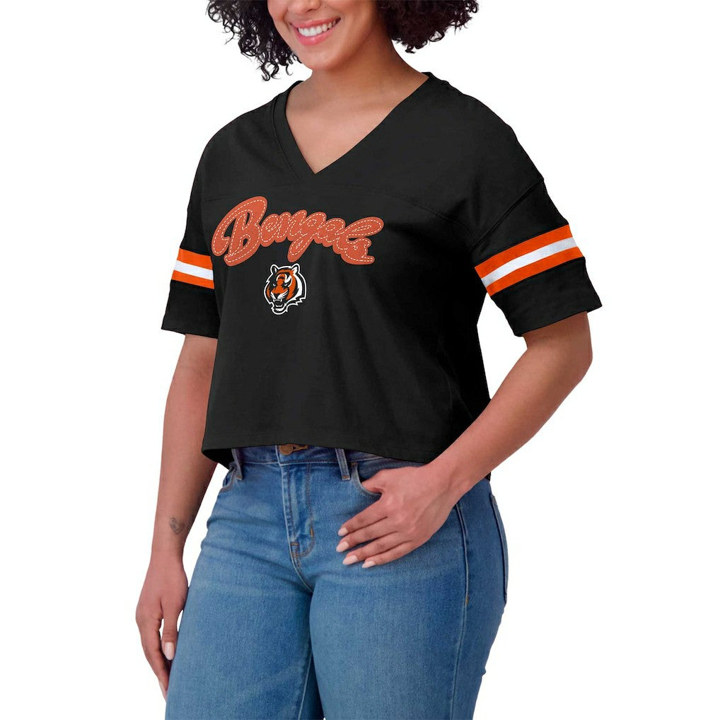 Cincinnati Bengals WEAR by Erin Andrews Women's Plus Size Color Block Boxy V-Neck T-Shirt - Black for sale
