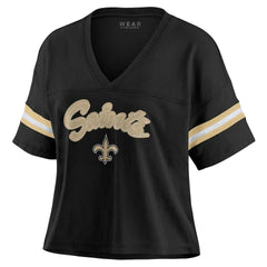 New Orleans Saints WEAR by Erin Andrews Women's Plus Size Color Block Boxy V-Neck T-Shirt - Black on sale
