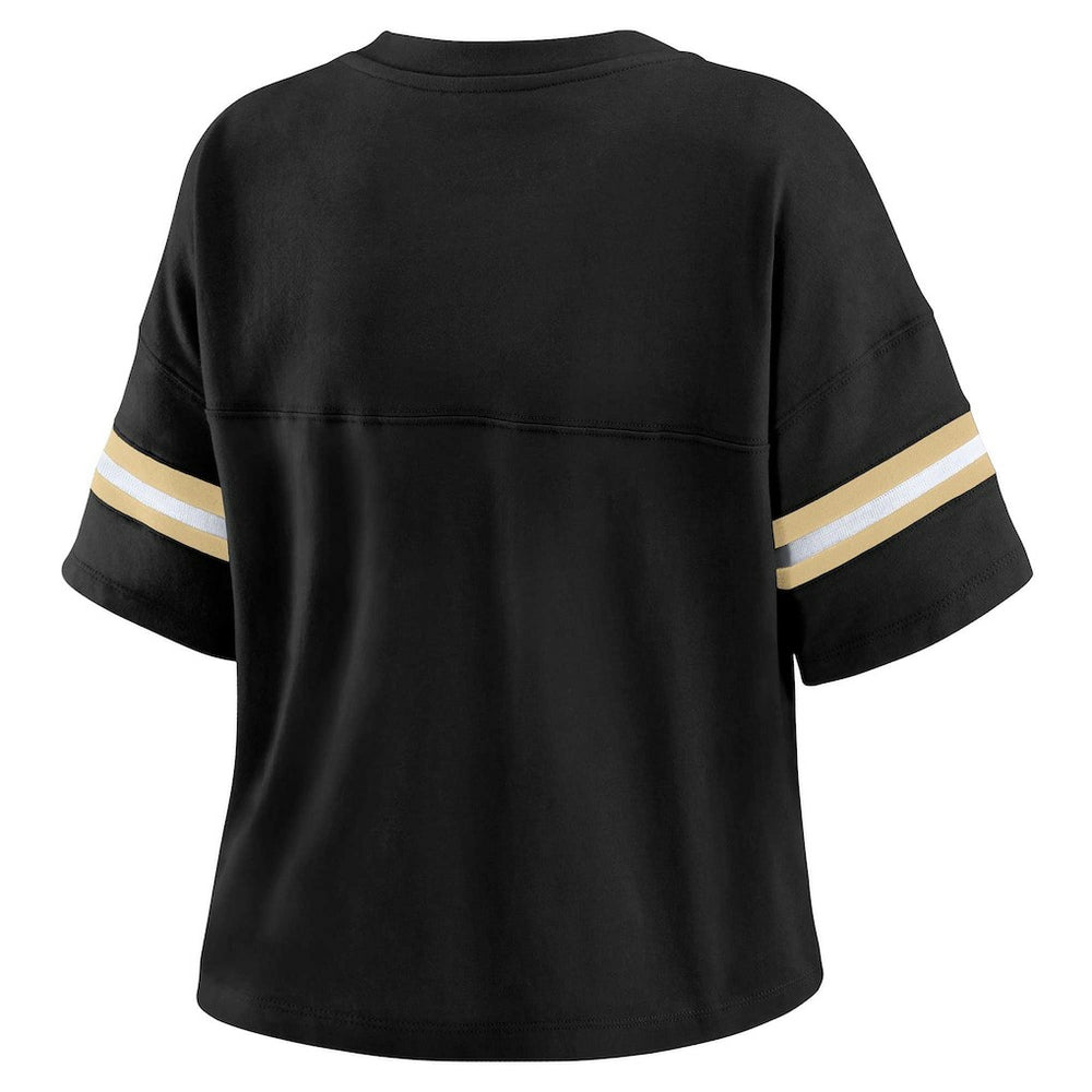 New Orleans Saints WEAR by Erin Andrews Women's Plus Size Color Block Boxy V-Neck T-Shirt - Black on sale