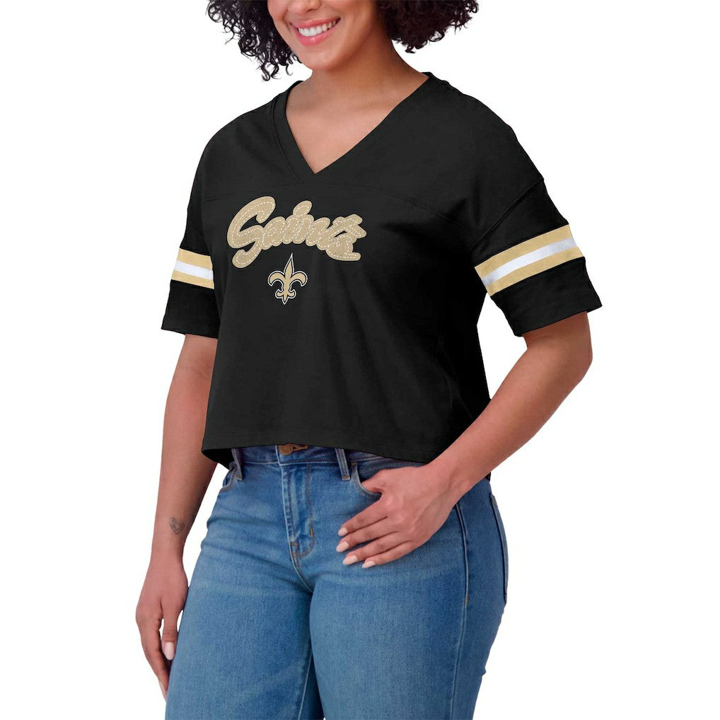 New Orleans Saints WEAR by Erin Andrews Women's Plus Size Color Block Boxy V-Neck T-Shirt - Black on sale