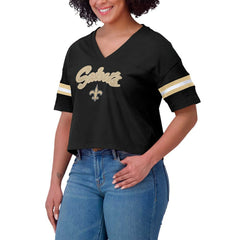 New Orleans Saints WEAR by Erin Andrews Women's Plus Size Color Block Boxy V-Neck T-Shirt - Black on sale