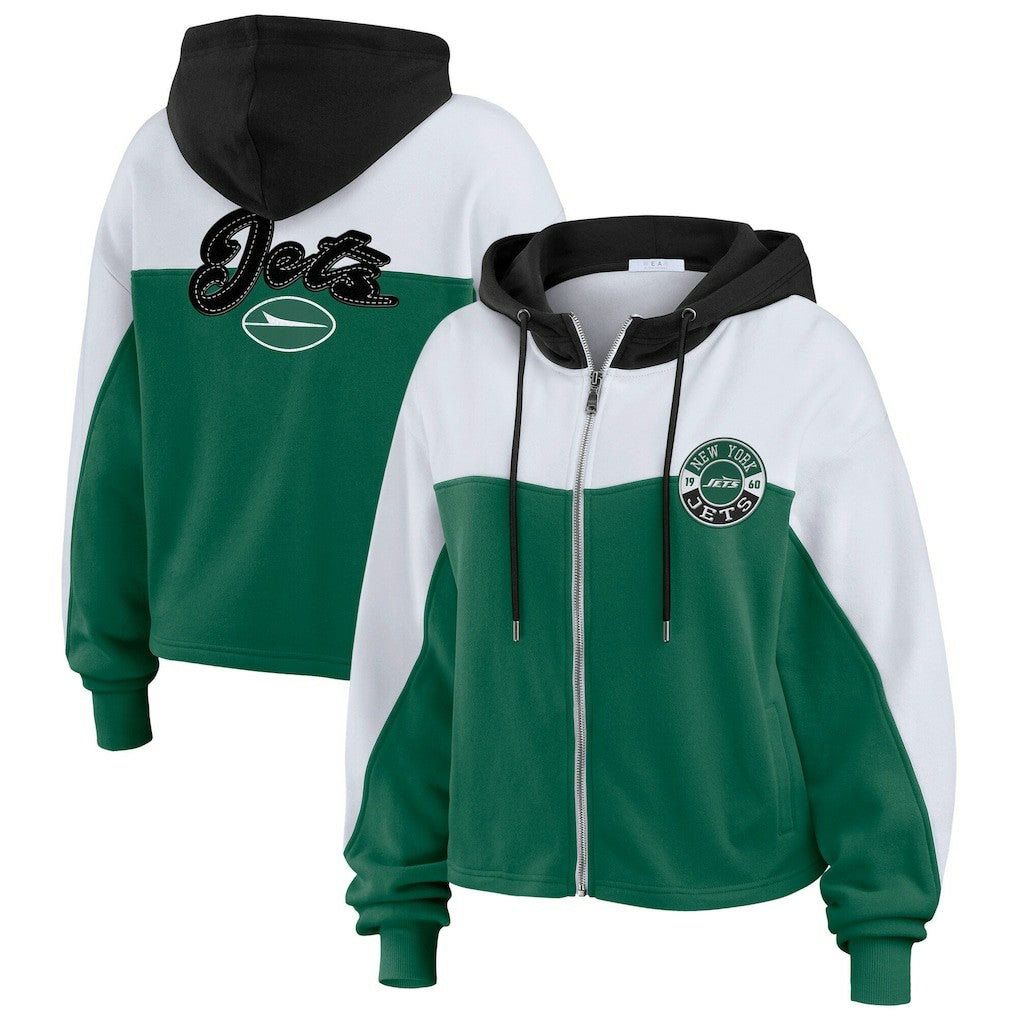 New York Jets WEAR by Erin Andrews Women's Color Block Full-Zip Hoodie - Green/White sale
