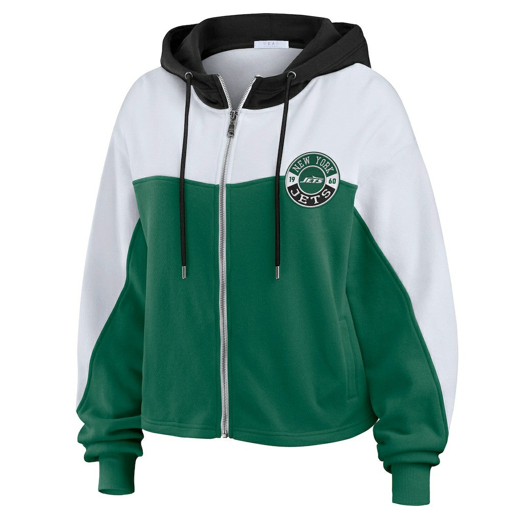 New York Jets WEAR by Erin Andrews Women's Color Block Full-Zip Hoodie - Green/White sale