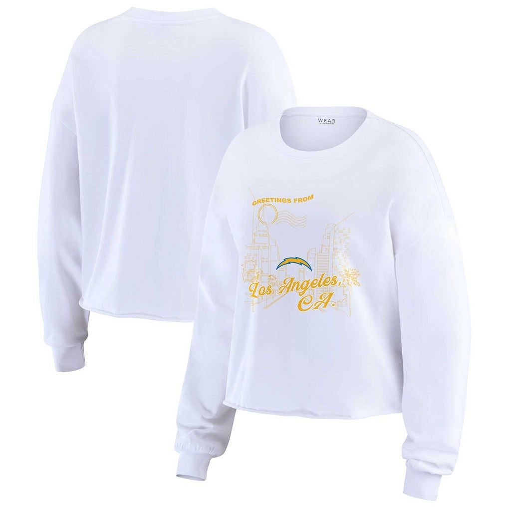 Los Angeles Chargers WEAR by Erin Andrews Women's Postcard Cropped Long Sleeve Top - White for sale