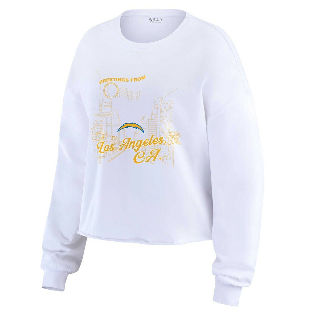 Los Angeles Chargers WEAR by Erin Andrews Women's Postcard Cropped Long Sleeve Top - White for sale