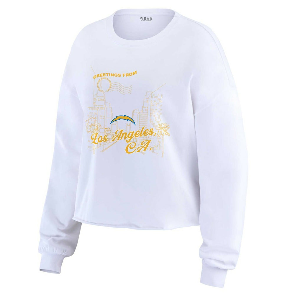 Los Angeles Chargers WEAR by Erin Andrews Women's Postcard Cropped Long Sleeve Top - White for sale
