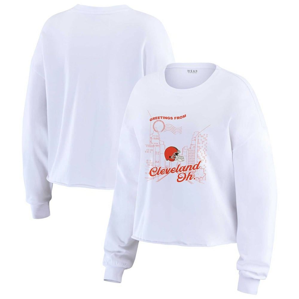 Cleveland Browns WEAR by Erin Andrews Women's Postcard Cropped Long Sleeve Top - White sale