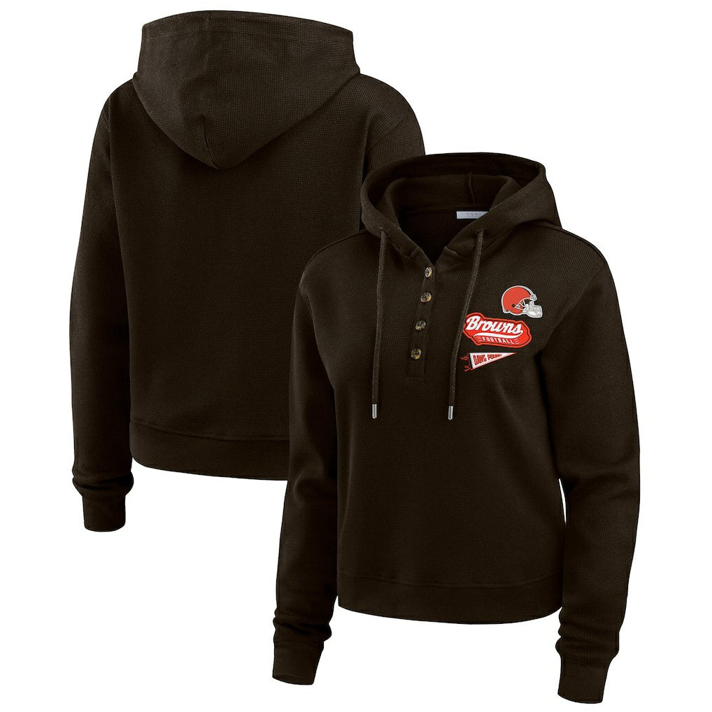 Cleveland Browns WEAR by Erin Andrews Women's Waffle-Knit Pullover Hoodie - Brown discount