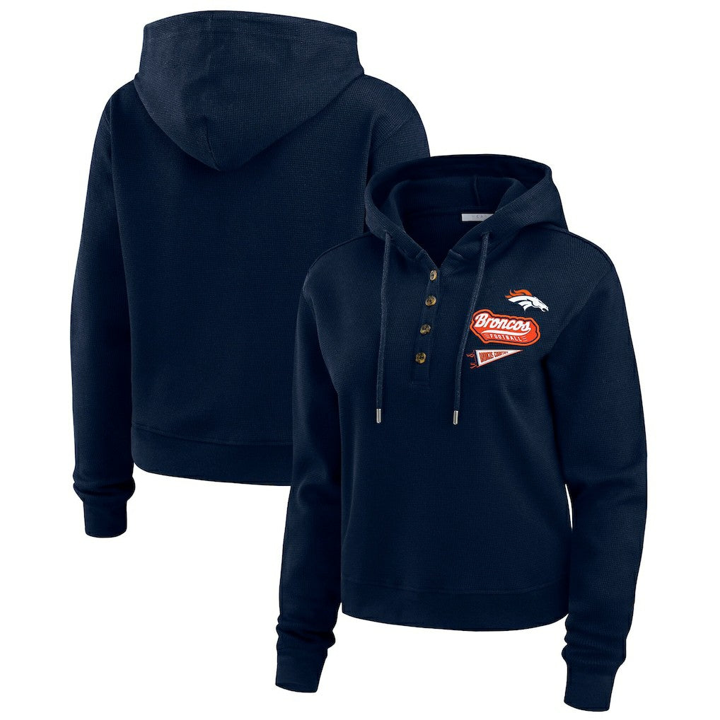 Denver Broncos WEAR by Erin Andrews Women's Waffle-Knit Pullover Hoodie - Navy on sale