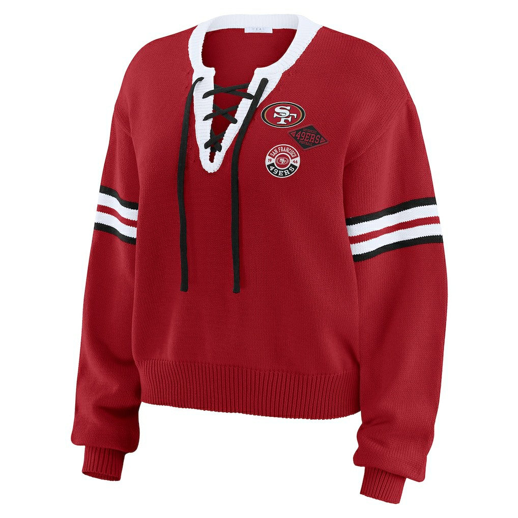 San Francisco 49ers WEAR by Erin Andrews Women's Lace-Up Sweater - Scarlet for sale