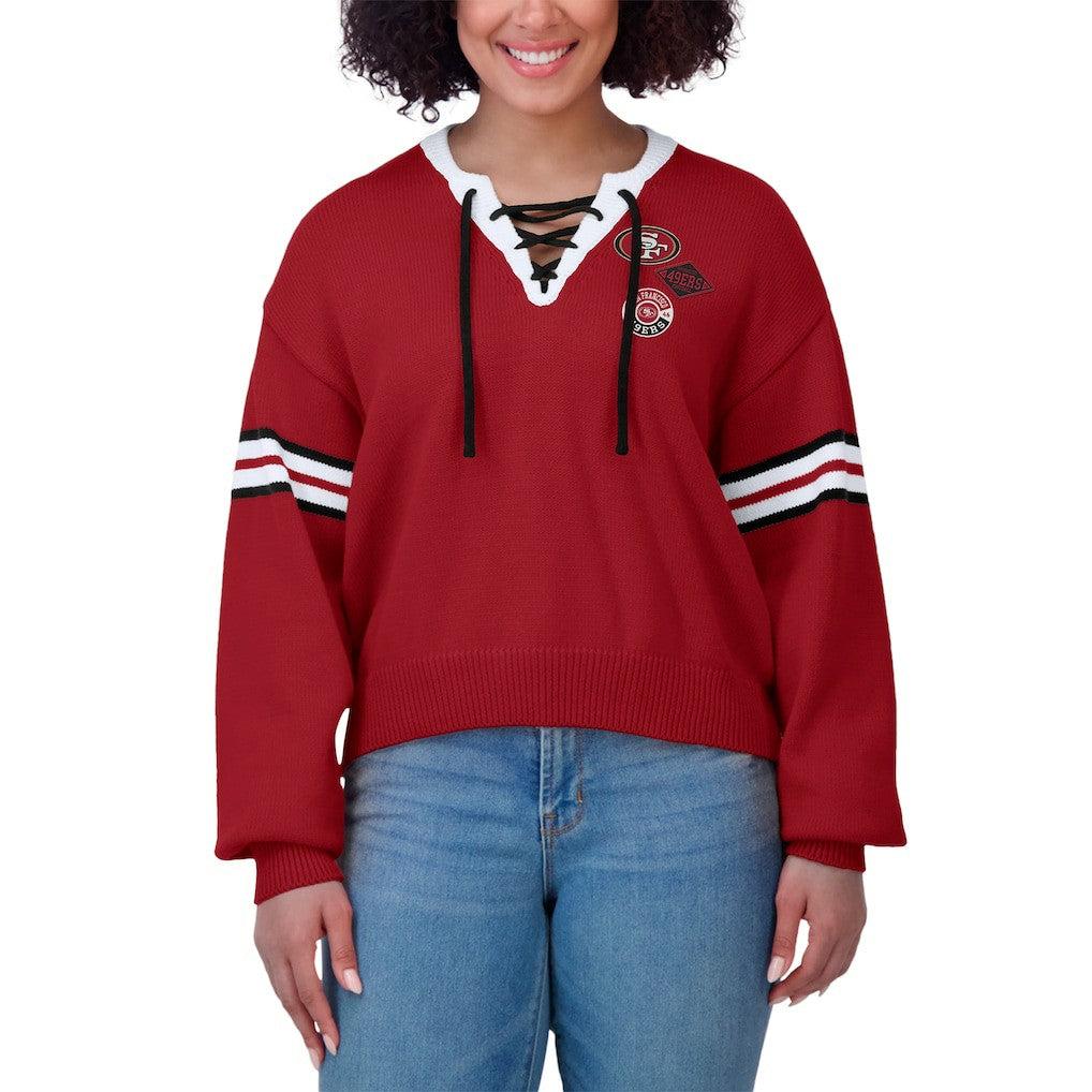 San Francisco 49ers WEAR by Erin Andrews Women's Lace-Up Sweater - Scarlet for sale