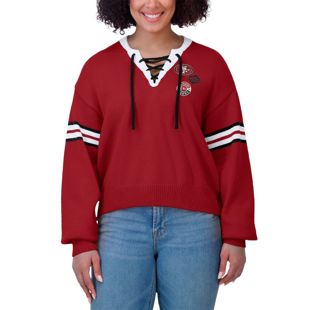 San Francisco 49ers WEAR by Erin Andrews Women's Lace-Up Sweater - Scarlet for sale