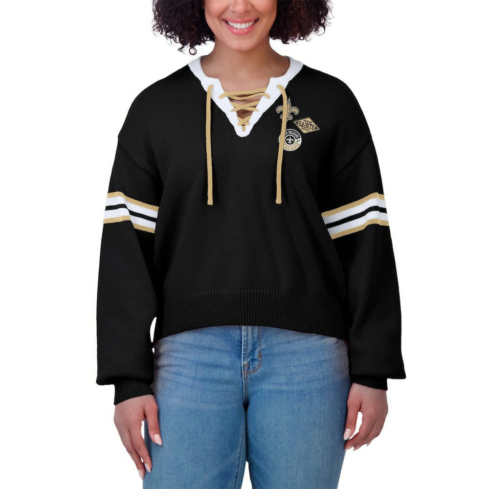 New Orleans Saints WEAR by Erin Andrews Women's Lace-Up Sweater - Black on sale