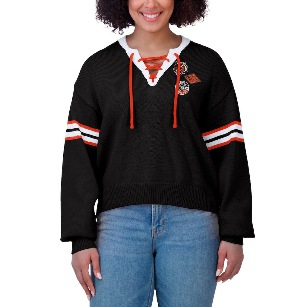 Cincinnati Bengals WEAR by Erin Andrews Women's Lace-Up Sweater - Black sale