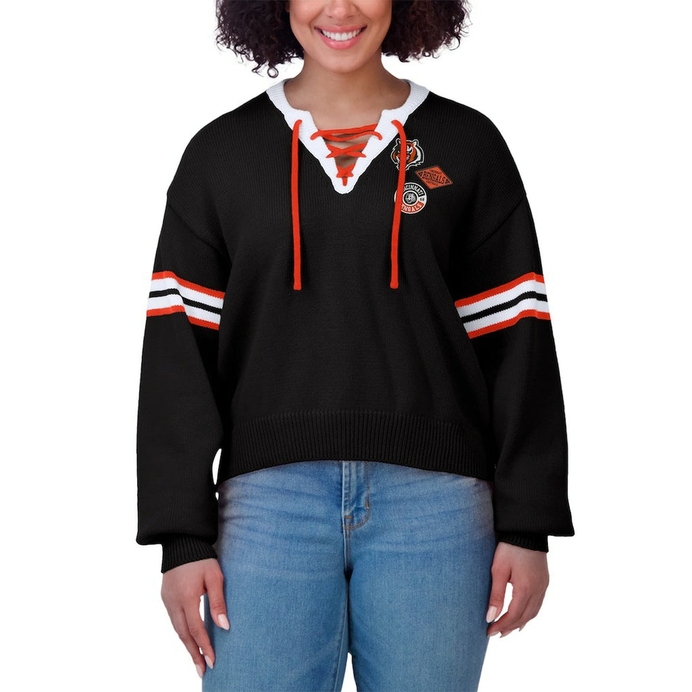 Cincinnati Bengals WEAR by Erin Andrews Women's Lace-Up Sweater - Black sale
