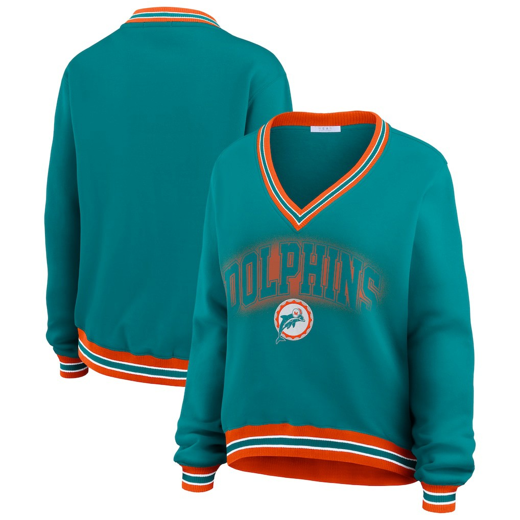 Miami Dolphins WEAR by Erin Andrews Women's Oversized Long Sleeve V-Neck Sweatshirt - Aqua for sale