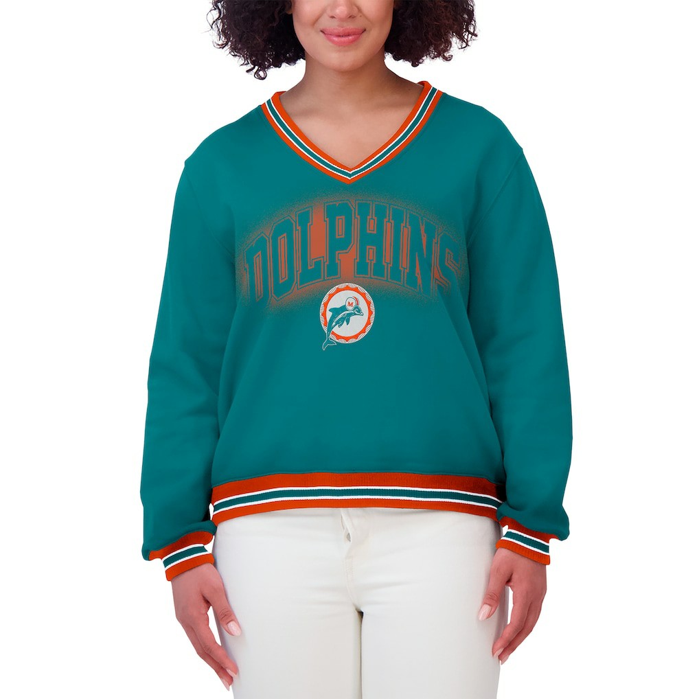 Miami Dolphins WEAR by Erin Andrews Women's Oversized Long Sleeve V-Neck Sweatshirt - Aqua for sale