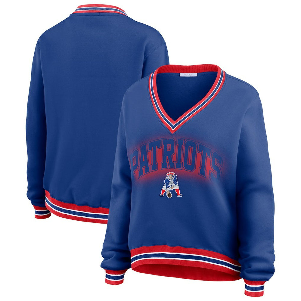 New England Patriots WEAR by Erin Andrews Women's Oversized Long Sleeve V-Neck Sweatshirt - Navy discount