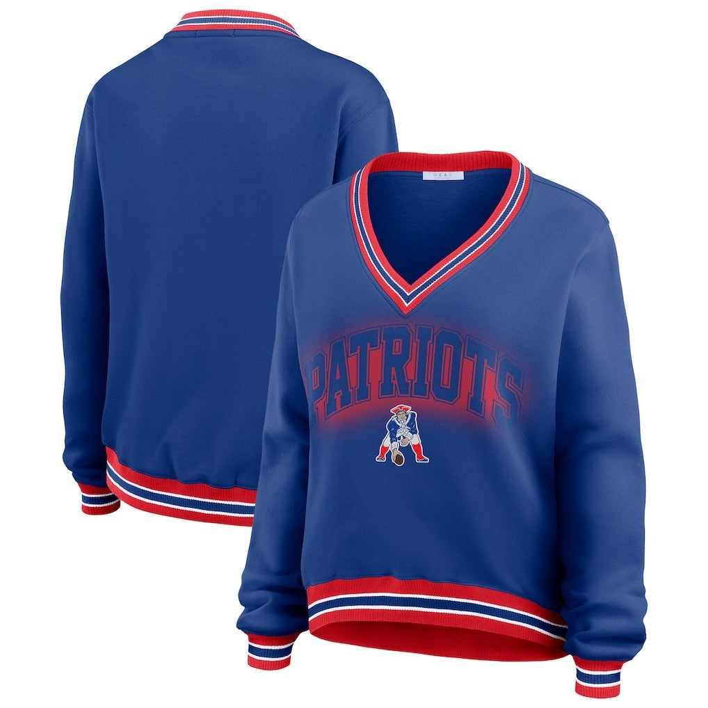 New England Patriots WEAR by Erin Andrews Women's Oversized Long Sleeve V-Neck Sweatshirt - Navy discount