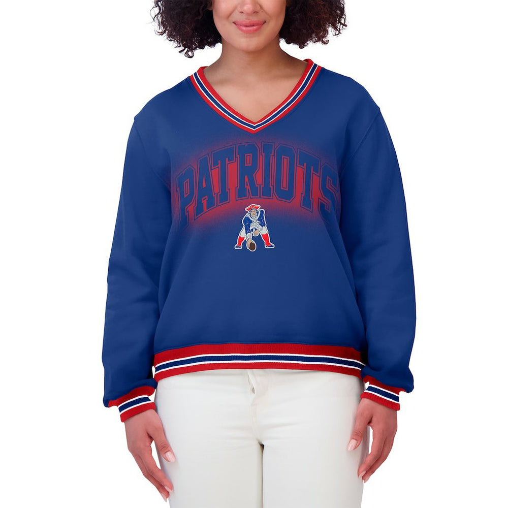New England Patriots WEAR by Erin Andrews Women's Oversized Long Sleeve V-Neck Sweatshirt - Navy discount