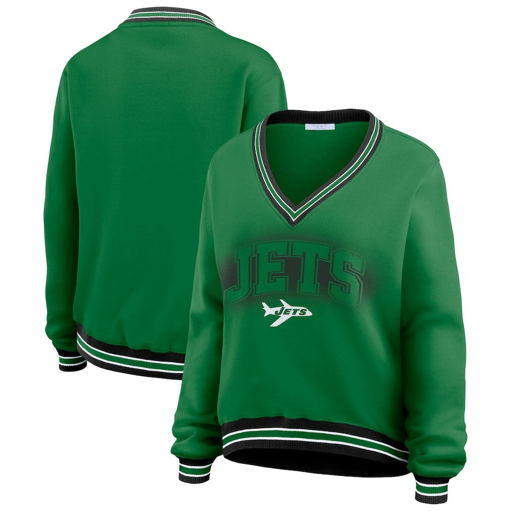 New York Jets WEAR by Erin Andrews Women's Oversized Long Sleeve V-Neck Sweatshirt - Green for sale