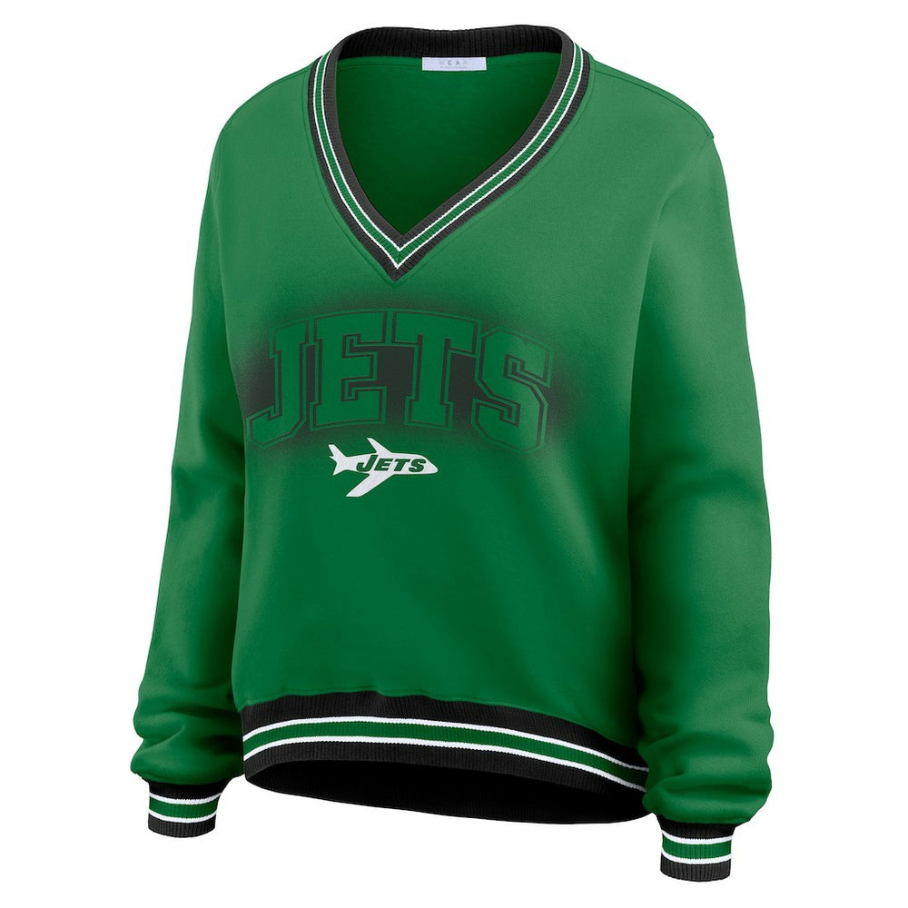 New York Jets WEAR by Erin Andrews Women's Oversized Long Sleeve V-Neck Sweatshirt - Green for sale