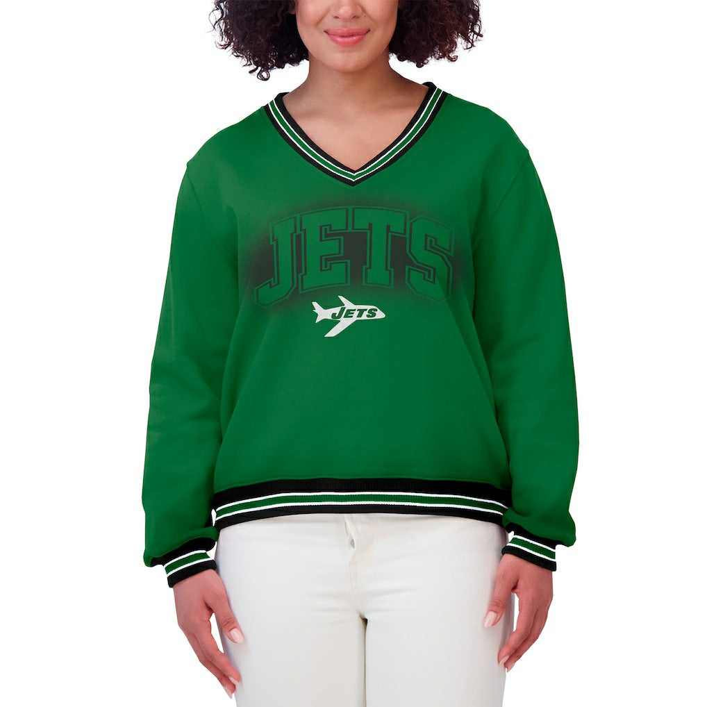 New York Jets WEAR by Erin Andrews Women's Oversized Long Sleeve V-Neck Sweatshirt - Green for sale
