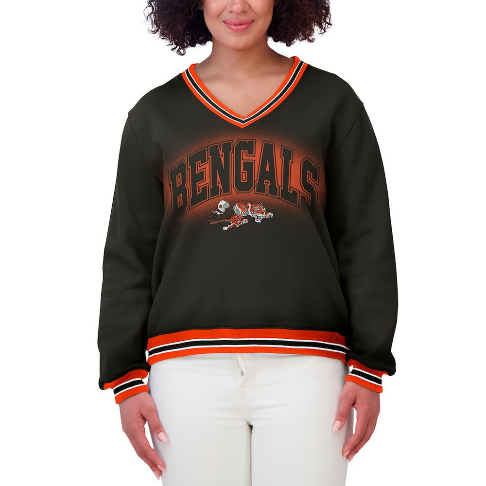 Cincinnati Bengals WEAR by Erin Andrews Women's Oversized Long Sleeve V-Neck Sweatshirt - Black outlet
