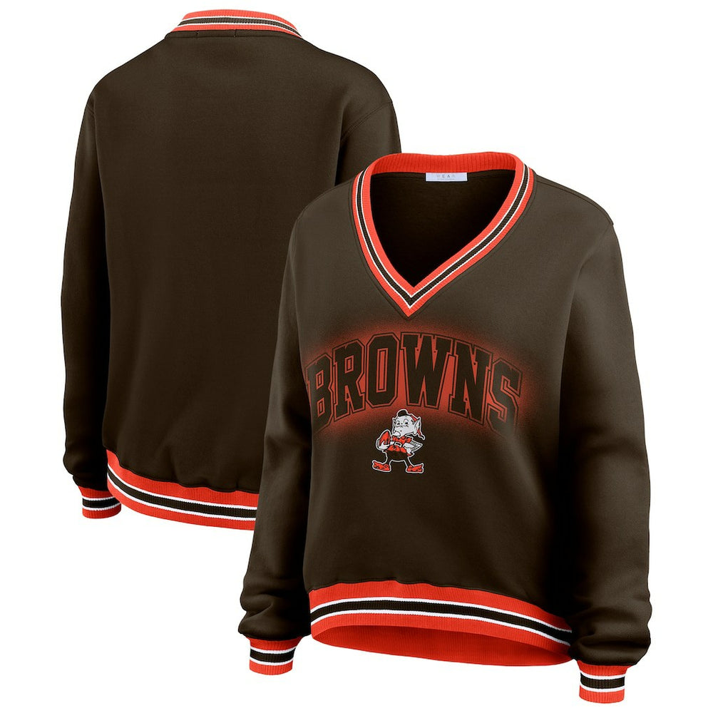 Cleveland Browns WEAR by Erin Andrews Women's Oversized Long Sleeve V-Neck Sweatshirt - Brown for sale