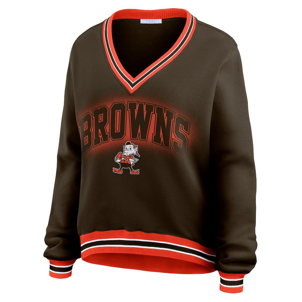Cleveland Browns WEAR by Erin Andrews Women's Oversized Long Sleeve V-Neck Sweatshirt - Brown for sale