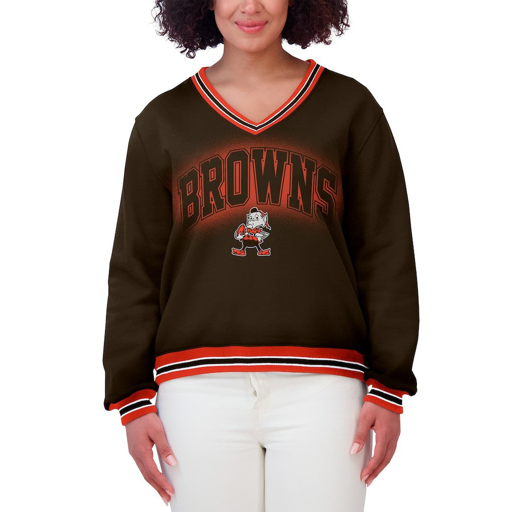 Cleveland Browns WEAR by Erin Andrews Women's Oversized Long Sleeve V-Neck Sweatshirt - Brown for sale