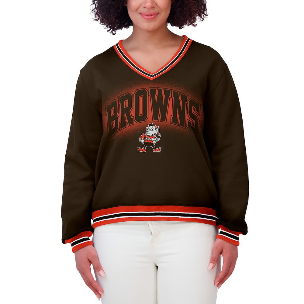 Cleveland Browns WEAR by Erin Andrews Women's Oversized Long Sleeve V-Neck Sweatshirt - Brown for sale
