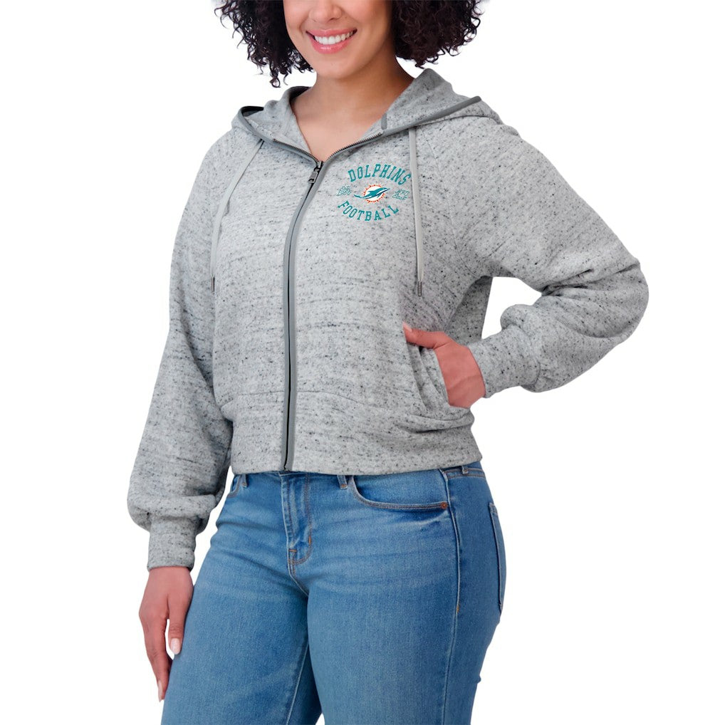 Miami Dolphins WEAR by Erin Andrews Women's Speckled Fleece Cropped Full-Zip Hoodie - Heather Gray discount