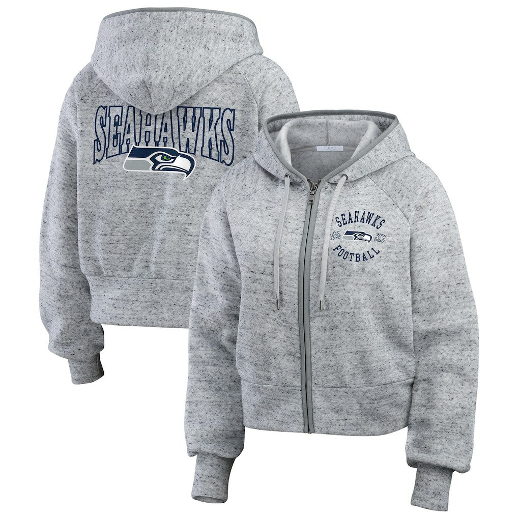 Seattle Seahawks WEAR by Erin Andrews Women's Speckled Fleece Cropped Full-Zip Hoodie - Heather Gray for sale