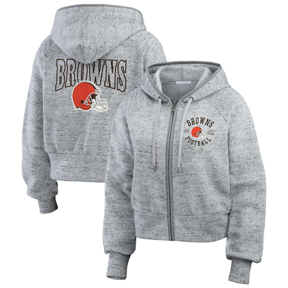 Cleveland Browns WEAR by Erin Andrews Women's Speckled Fleece Cropped Full-Zip Hoodie - Heather Gray outlet