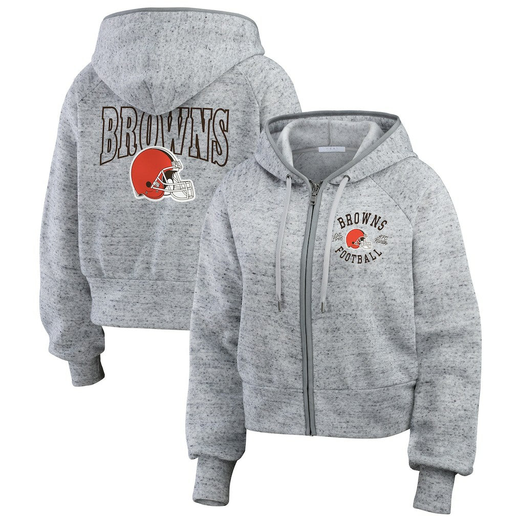 Cleveland Browns WEAR by Erin Andrews Women's Speckled Fleece Cropped Full-Zip Hoodie - Heather Gray outlet