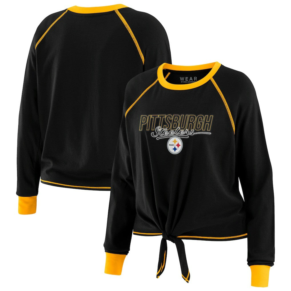 Pittsburgh Steelers WEAR by Erin Andrews Women's Tie-Front Long Sleeve T-Shirt - Black sale