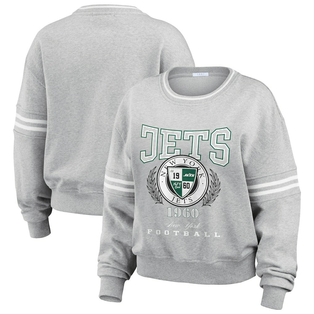 New York Jets WEAR by Erin Andrews Women's Crest Cropped Pullover Sweatshirt - Heather Gray outlet