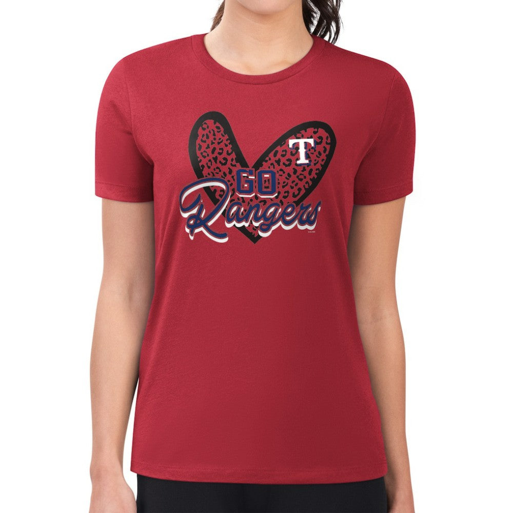 Texas Rangers G-III 4Her by Carl Banks Women's Super-Slim Fit Lightweight Leopard Heart T-Shirt Red