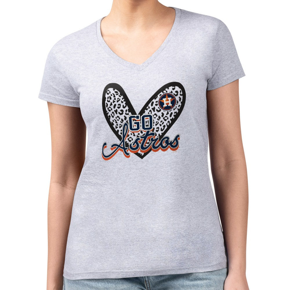 Houston Astros G-III 4Her by Carl Banks Women's Super-Slim Fit Lightweight Leopard Heart V-Neck T-Shirt Heather Gray